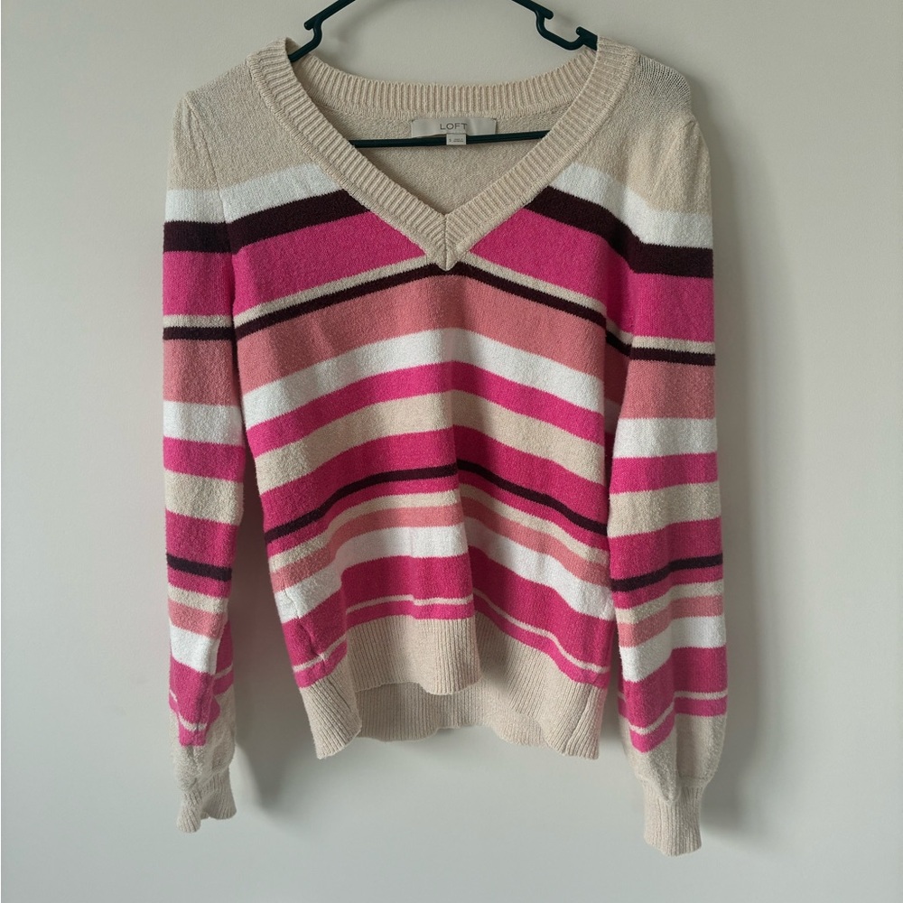 LOFT V-Neck Sweater in Pink and Cream Stripes